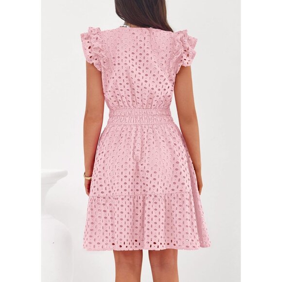 Women's Pink V Neck Eyelet Cap Sleeve Summer Beach Vacation Sundresseses - Picture 4 of 8